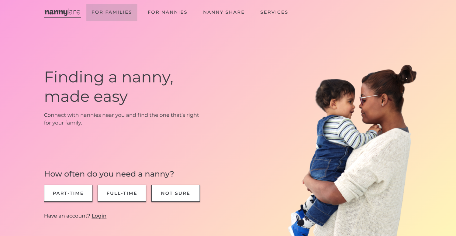 Finding a nanny, made easy. Connect with nannies near you and find the one that’s right for your family. An image with a happy woman looking into a baby's eyes lovingly.